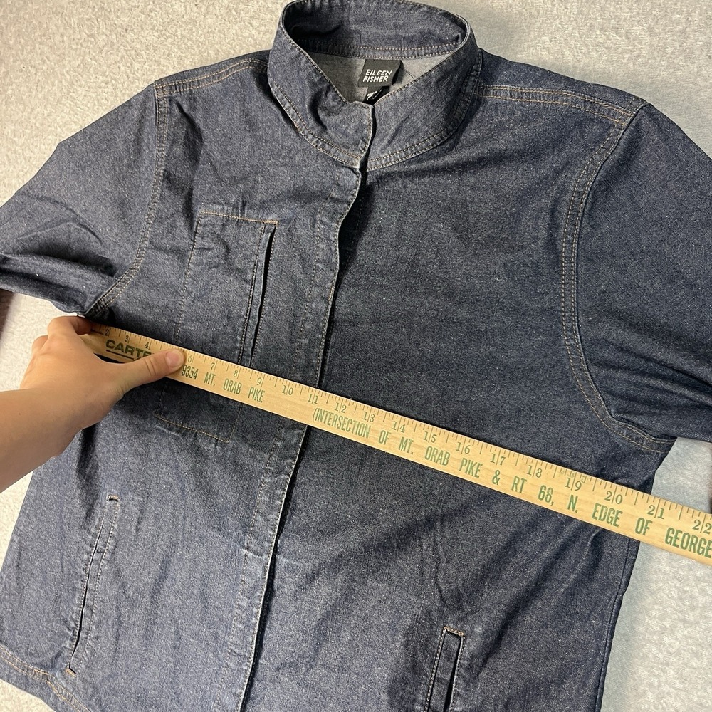 Eileen Fisher Jacket Womens Large Blue Denim Snap Mandarin Collar Dark Cotton - Picture 2 of 10